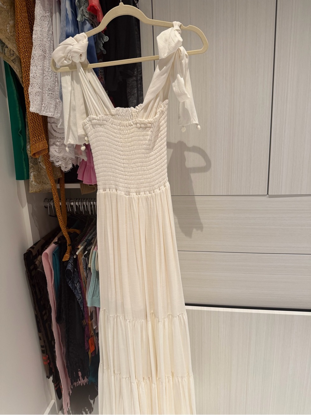 Cream Tie-Shoulder Smocked Maxi Dress